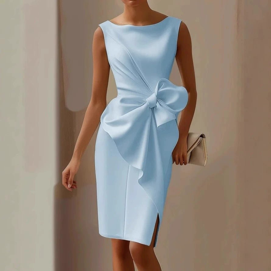 Fashion Bowknot Dress Solid Color Elegant Slim Sleeveless Dresses Women's Casual Office Party Clothing - PratSN