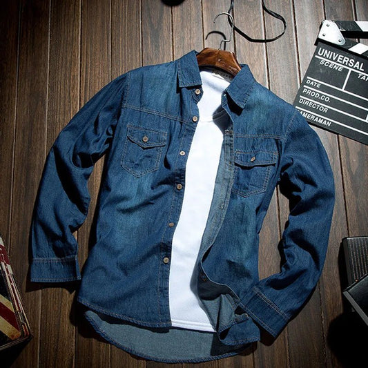 Fashion Classic Retro Jeans Shirt with Pocket Slim Fit Tops Men Clothing for Spring Men's Long Sleeve Denim Shirt Blue MY850 - PratSN