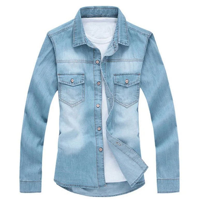 Fashion Classic Retro Jeans Shirt with Pocket Slim Fit Tops Men Clothing for Spring Men's Long Sleeve Denim Shirt Blue MY850 - PratSN