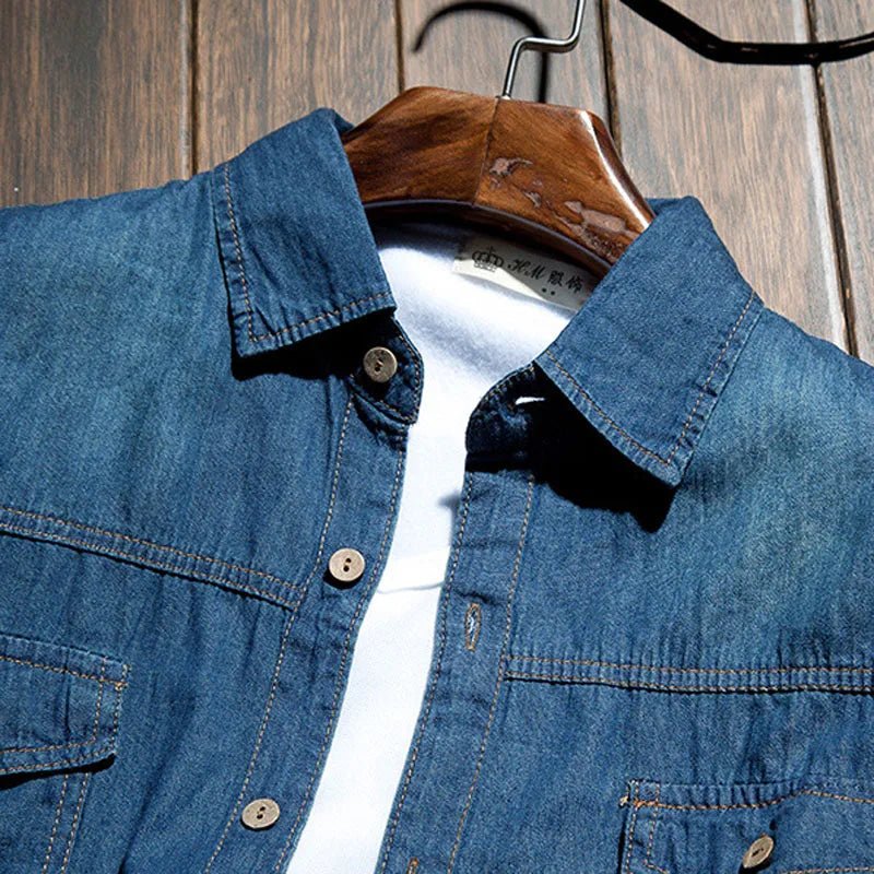 Fashion Classic Retro Jeans Shirt with Pocket Slim Fit Tops Men Clothing for Spring Men's Long Sleeve Denim Shirt Blue MY850 - PratSN