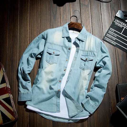 Fashion Classic Retro Jeans Shirt with Pocket Slim Fit Tops Men Clothing for Spring Men's Long Sleeve Denim Shirt Blue MY850 - PratSN