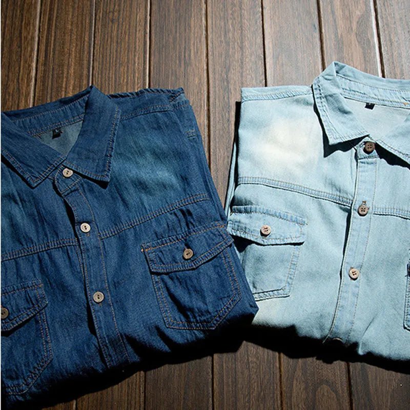 Fashion Classic Retro Jeans Shirt with Pocket Slim Fit Tops Men Clothing for Spring Men's Long Sleeve Denim Shirt Blue MY850 - PratSN