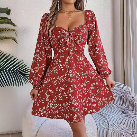 Fashion Floral Print Lantern Sleeve Dress Casual Sexy Tie Square Neck Long Sleeve A - Line Dress Women's Clothing - PratSN