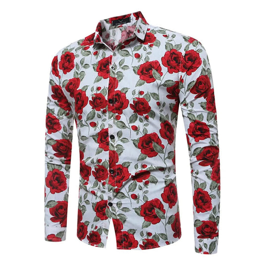 Fashion Flower Rose Pattern 3D Print Mens Long Sleeve Shirt Autumn Button Down Shirt festival Casual Lapel Mens Clothing - PratSN