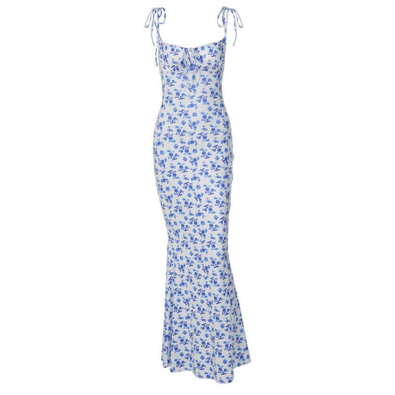 Fashion Flowers Print Suspender Long Dress Summer Lace - up Slim Backless Dresses For Women - PratSN
