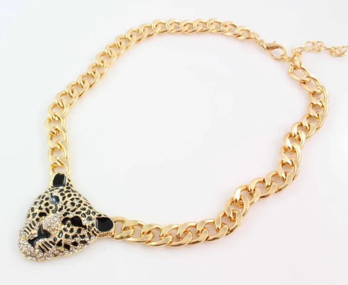 Fashion Gold Color Black Enameled Leopard Pendant Statement Necklace earrings Jewelry Set - PratSN