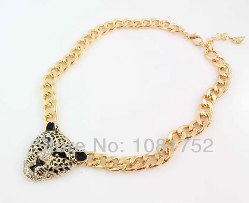 Fashion Gold Color Black Enameled Leopard Pendant Statement Necklace earrings Jewelry Set - PratSN