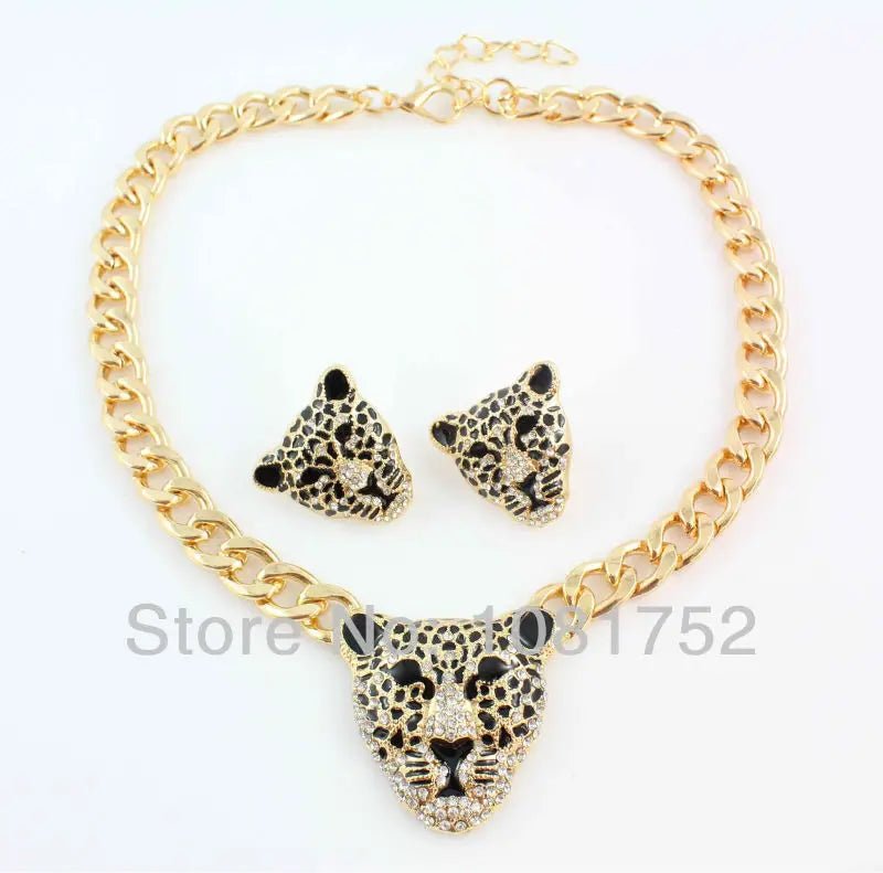 Fashion Gold Color Black Enameled Leopard Pendant Statement Necklace earrings Jewelry Set - PratSN