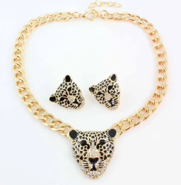 Fashion Gold Color Black Enameled Leopard Pendant Statement Necklace earrings Jewelry Set - PratSN
