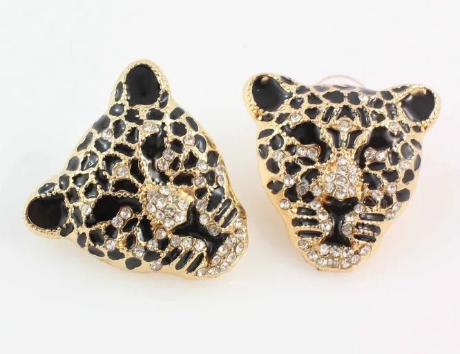 Fashion Gold Color Black Enameled Leopard Pendant Statement Necklace earrings Jewelry Set - PratSN