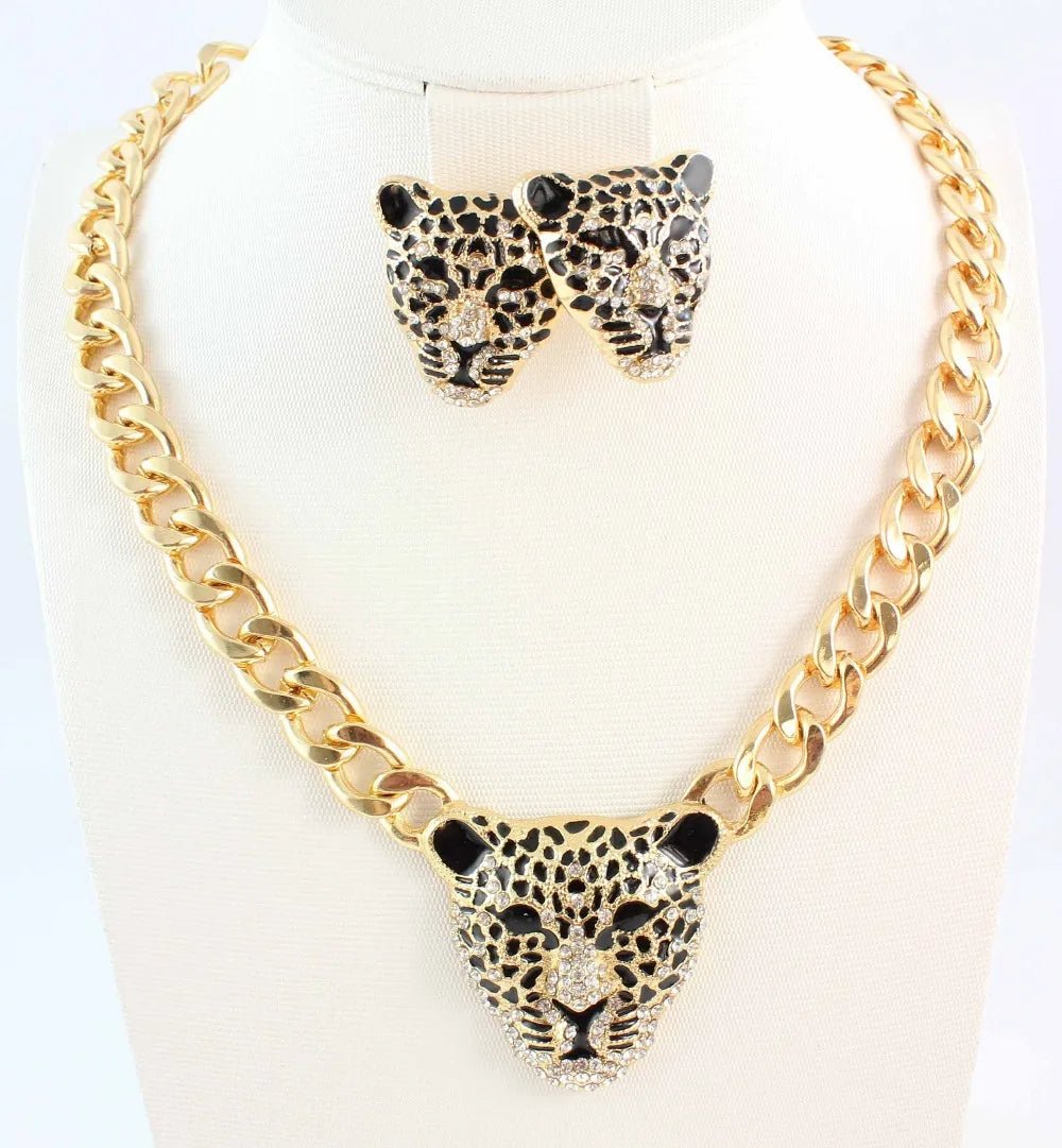 Fashion Gold Color Black Enameled Leopard Pendant Statement Necklace earrings Jewelry Set - PratSN