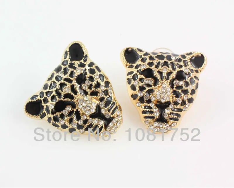 Fashion Gold Color Black Enameled Leopard Pendant Statement Necklace earrings Jewelry Set - PratSN