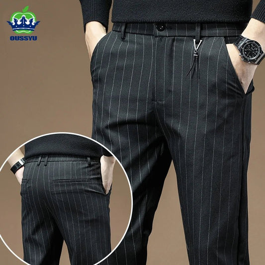 Fashion High Quality OUSSYU Men Pants Straight Long Classic Business Brand Thin England Stripe Casual Full Trousers Male 36 38 - PratSN