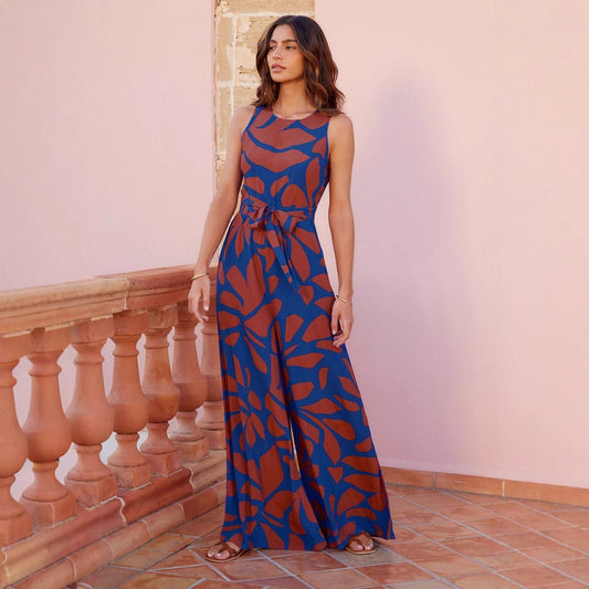 Fashion Round Neck Printed Waist - controlled Jumpsuit Women - PratSN