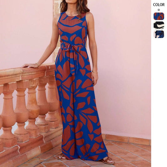Fashion Round Neck Printed Waist - controlled Jumpsuit Women - PratSN