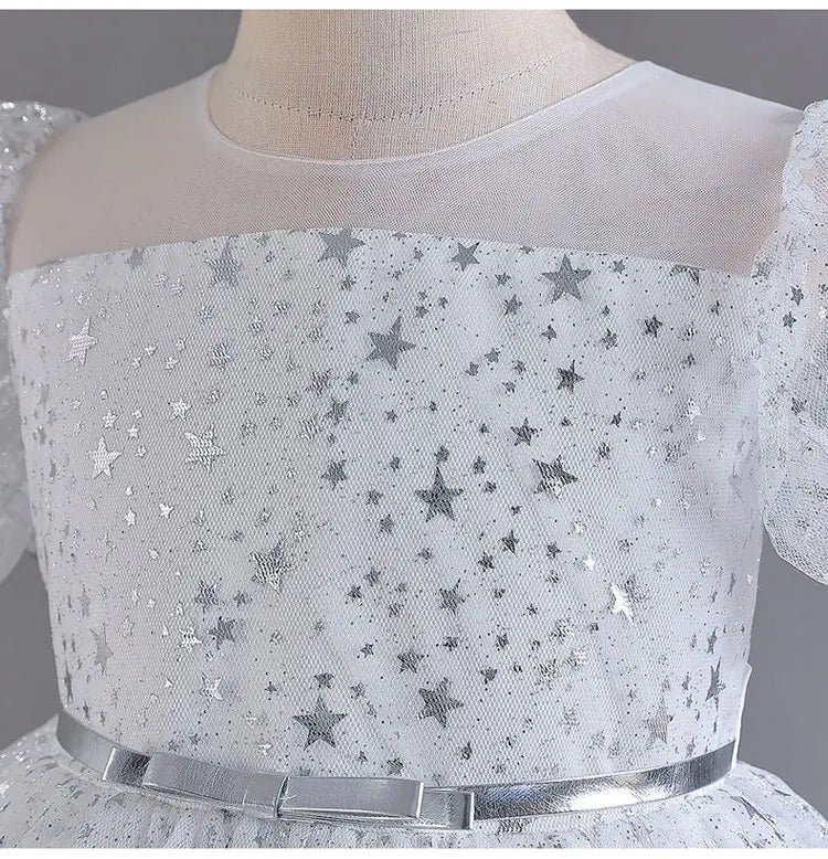 Fashion Solid Color Girls Sequin Dress Lace Mesh Short Sleeve Kids Girl Evening Gown Summer Girls Party Dresses 4 - 10 Years - PratSN