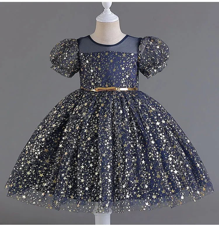 Fashion Solid Color Girls Sequin Dress Lace Mesh Short Sleeve Kids Girl Evening Gown Summer Girls Party Dresses 4 - 10 Years - PratSN