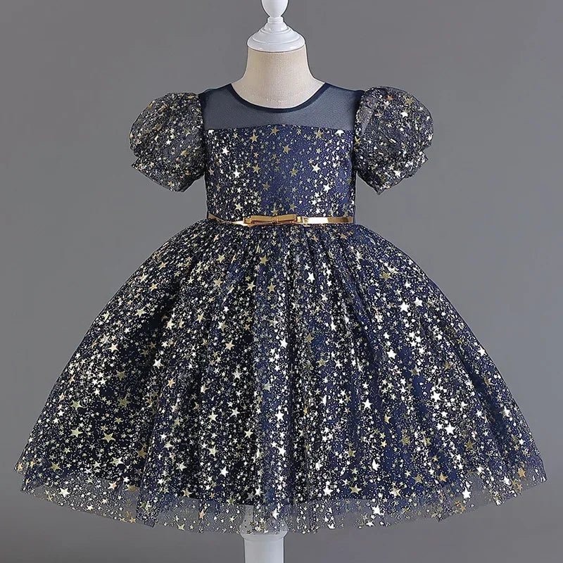 Fashion Solid Color Girls Sequin Dress Lace Mesh Short Sleeve Kids Girl Evening Gown Summer Girls Party Dresses 4 - 10 Years - PratSN