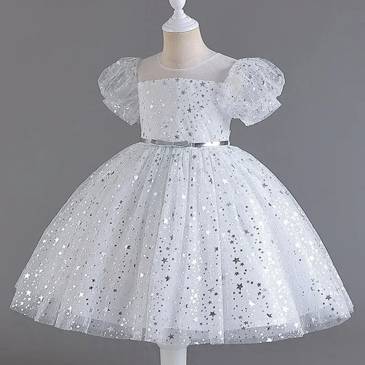 Fashion Solid Color Girls Sequin Dress Lace Mesh Short Sleeve Kids Girl Evening Gown Summer Girls Party Dresses 4 - 10 Years - PratSN