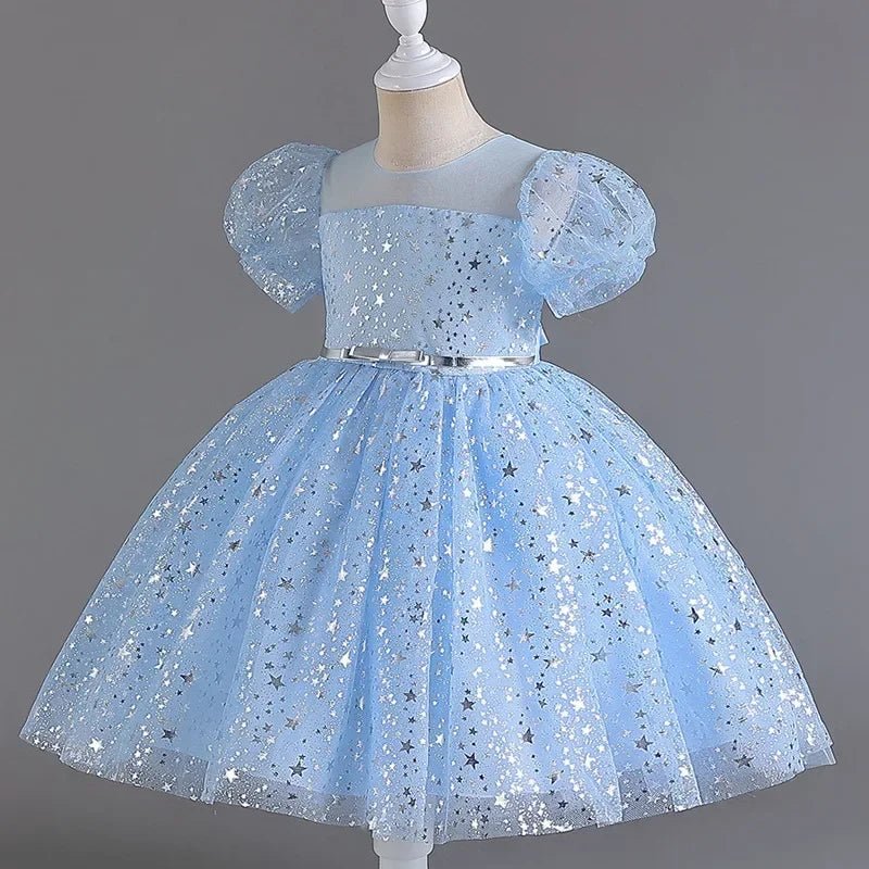 Fashion Solid Color Girls Sequin Dress Lace Mesh Short Sleeve Kids Girl Evening Gown Summer Girls Party Dresses 4 - 10 Years - PratSN