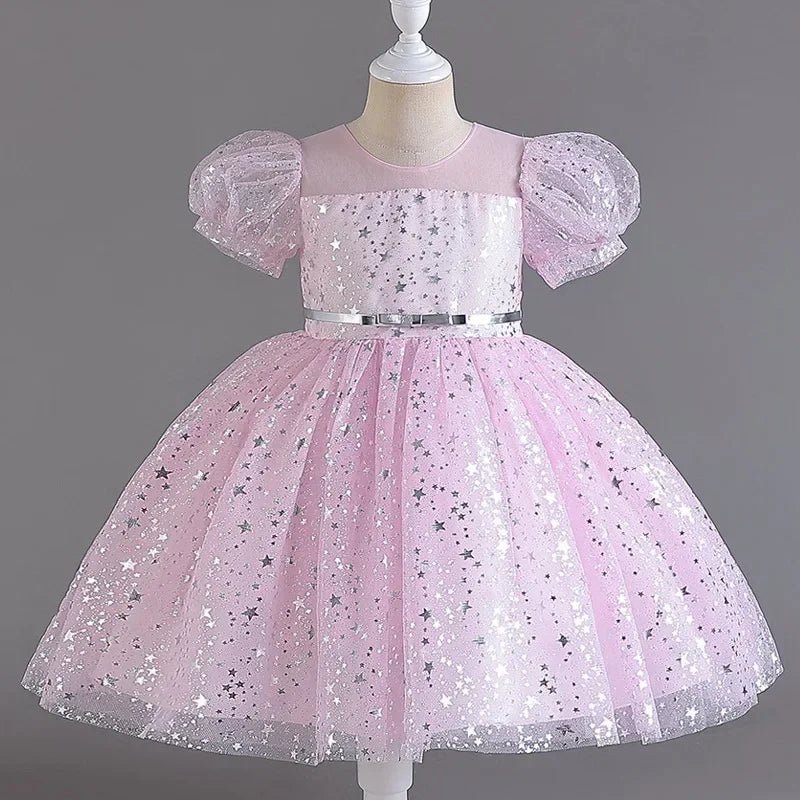 Fashion Solid Color Girls Sequin Dress Lace Mesh Short Sleeve Kids Girl Evening Gown Summer Girls Party Dresses 4 - 10 Years - PratSN