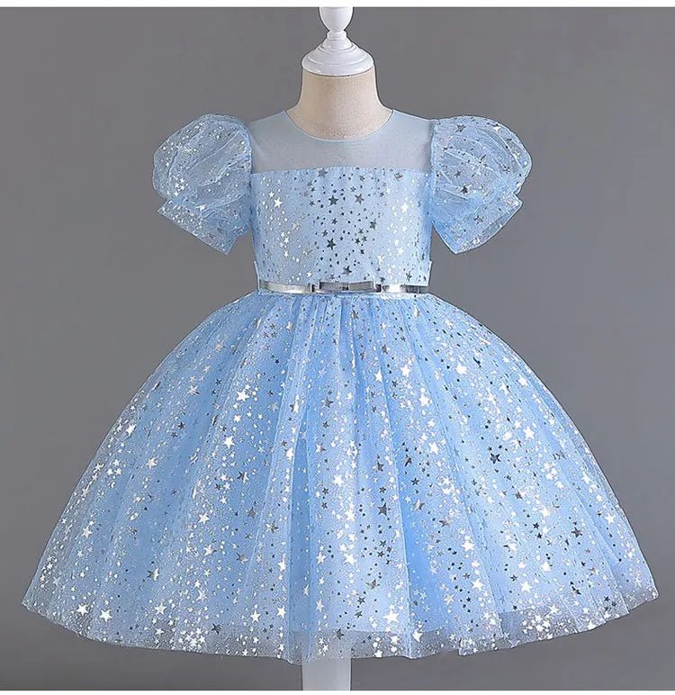Fashion Solid Color Girls Sequin Dress Lace Mesh Short Sleeve Kids Girl Evening Gown Summer Girls Party Dresses 4 - 10 Years - PratSN