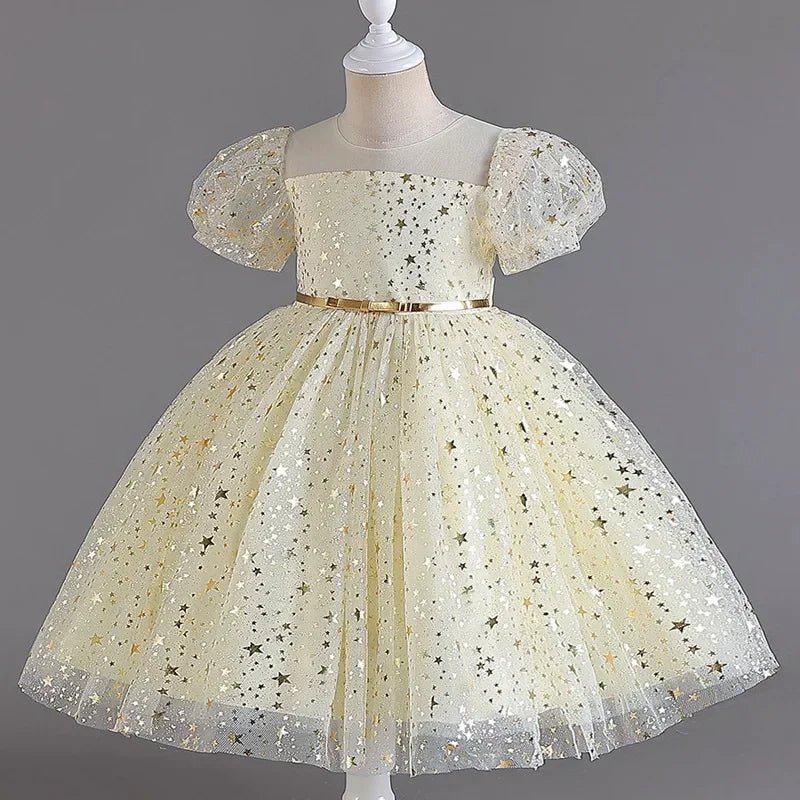 Fashion Solid Color Girls Sequin Dress Lace Mesh Short Sleeve Kids Girl Evening Gown Summer Girls Party Dresses 4 - 10 Years - PratSN