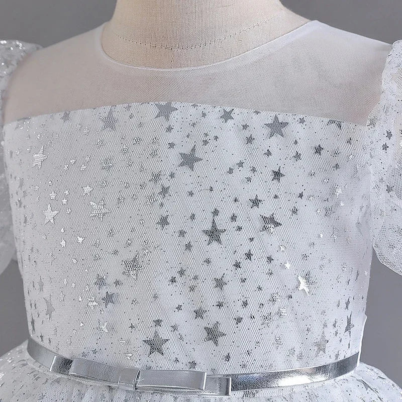 Fashion Solid Color Girls Sequin Dress Lace Mesh Short Sleeve Kids Girl Evening Gown Summer Girls Party Dresses 4 - 10 Years - PratSN