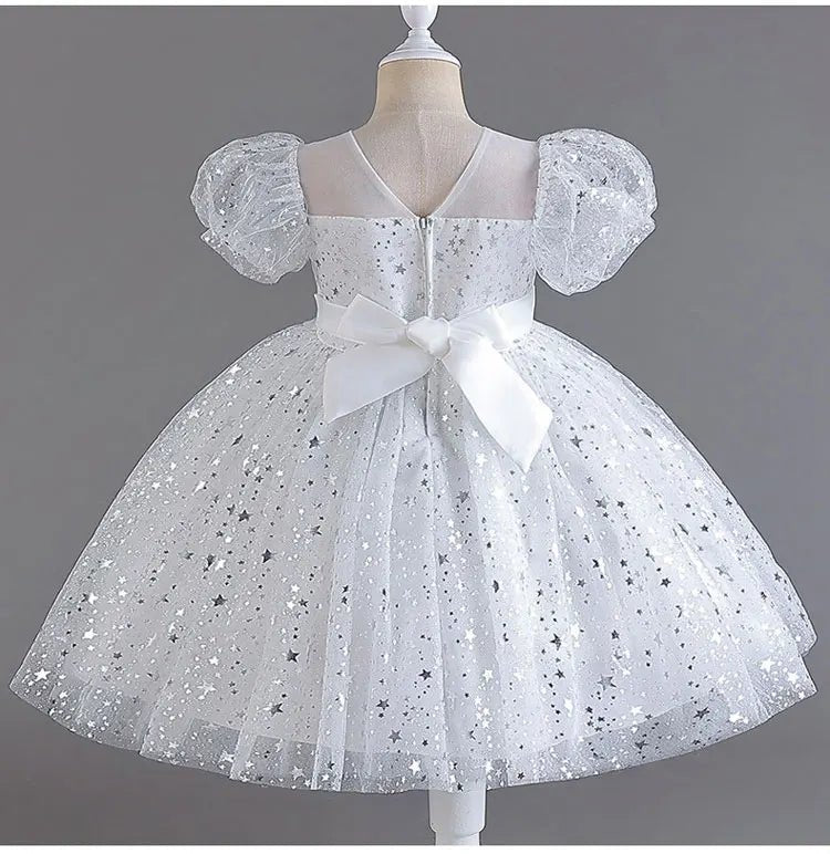 Fashion Solid Color Girls Sequin Dress Lace Mesh Short Sleeve Kids Girl Evening Gown Summer Girls Party Dresses 4 - 10 Years - PratSN