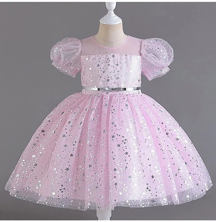 Fashion Solid Color Girls Sequin Dress Lace Mesh Short Sleeve Kids Girl Evening Gown Summer Girls Party Dresses 4 - 10 Years - PratSN
