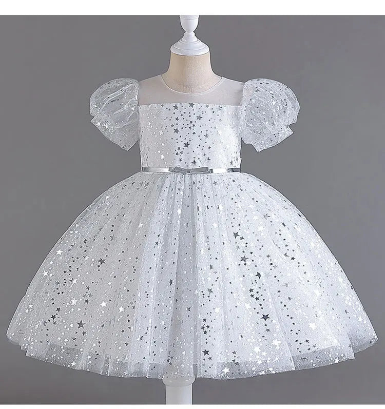 Fashion Solid Color Girls Sequin Dress Lace Mesh Short Sleeve Kids Girl Evening Gown Summer Girls Party Dresses 4 - 10 Years - PratSN