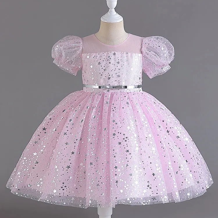 Fashion Solid Color Girls Sequin Dress Lace Mesh Short Sleeve Kids Girl Evening Gown Summer Girls Party Dresses 4 - 10 Years - PratSN