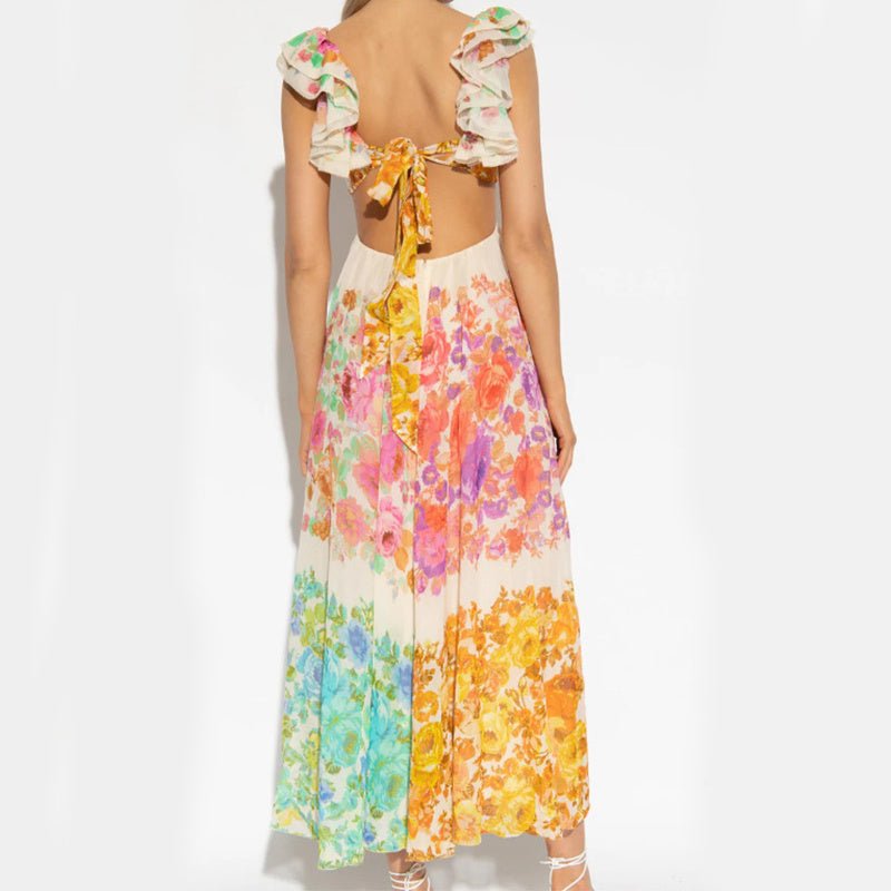 Fashion V - neck Ruffle Sleeve Long Dress Summer Romantic French - Style Flowers Print Bow - knot Backless Design Beach Vacation Dresses Womens Clothing - PratSN