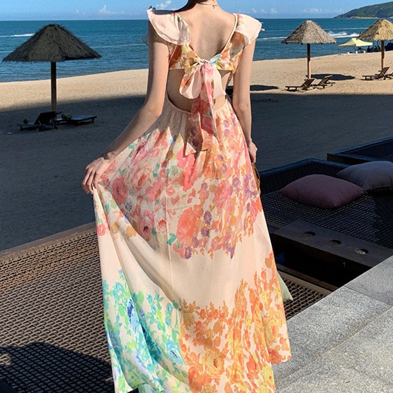 Fashion V - neck Ruffle Sleeve Long Dress Summer Romantic French - Style Flowers Print Bow - knot Backless Design Beach Vacation Dresses Womens Clothing - PratSN