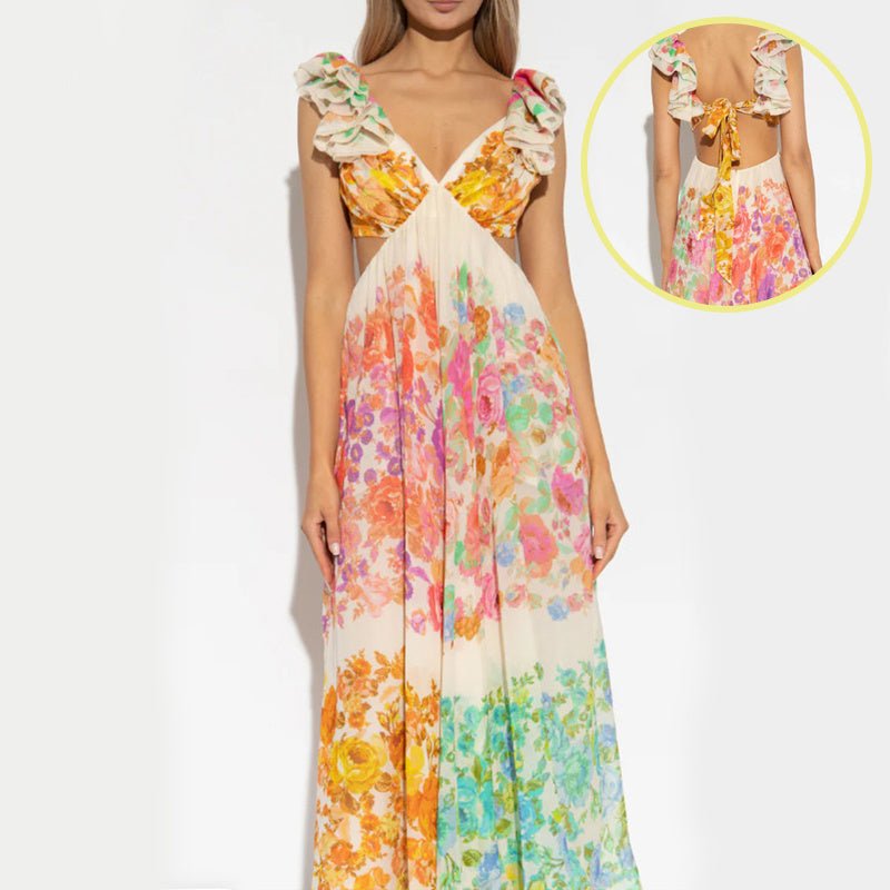 Fashion V - neck Ruffle Sleeve Long Dress Summer Romantic French - Style Flowers Print Bow - knot Backless Design Beach Vacation Dresses Womens Clothing - PratSN