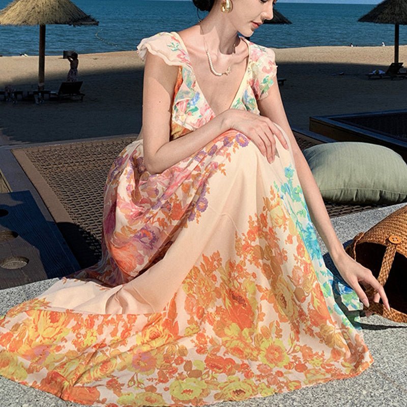 Fashion V - neck Ruffle Sleeve Long Dress Summer Romantic French - Style Flowers Print Bow - knot Backless Design Beach Vacation Dresses Womens Clothing - PratSN