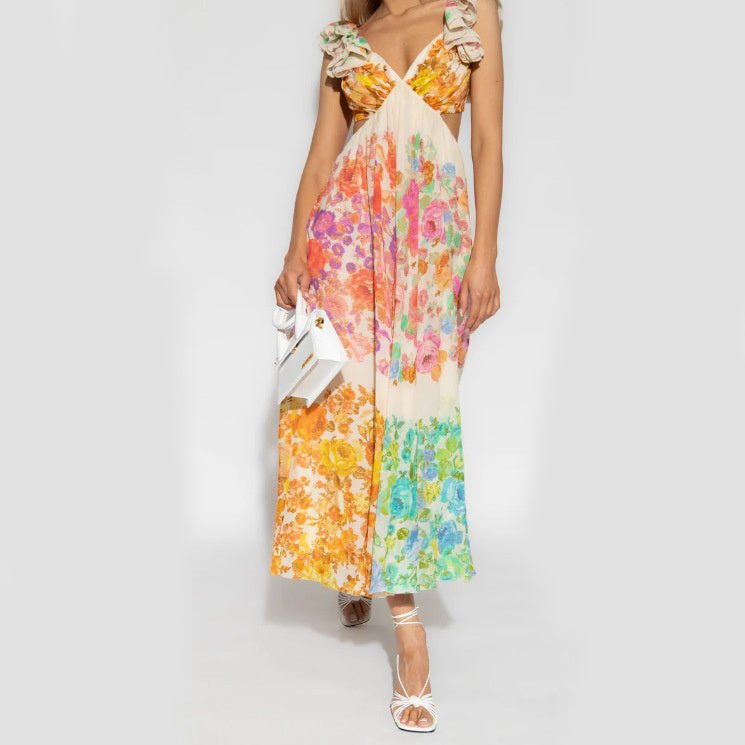 Fashion V - neck Ruffle Sleeve Long Dress Summer Romantic French - Style Flowers Print Bow - knot Backless Design Beach Vacation Dresses Womens Clothing - PratSN