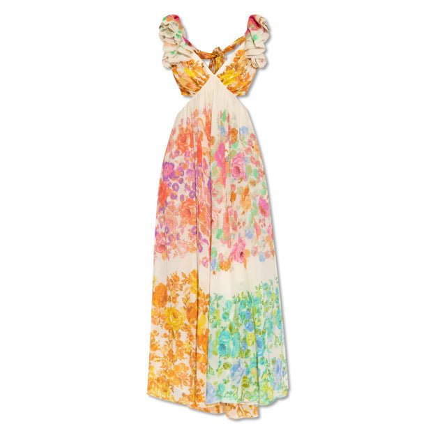 Fashion V - neck Ruffle Sleeve Long Dress Summer Romantic French - Style Flowers Print Bow - knot Backless Design Beach Vacation Dresses Womens Clothing - PratSN