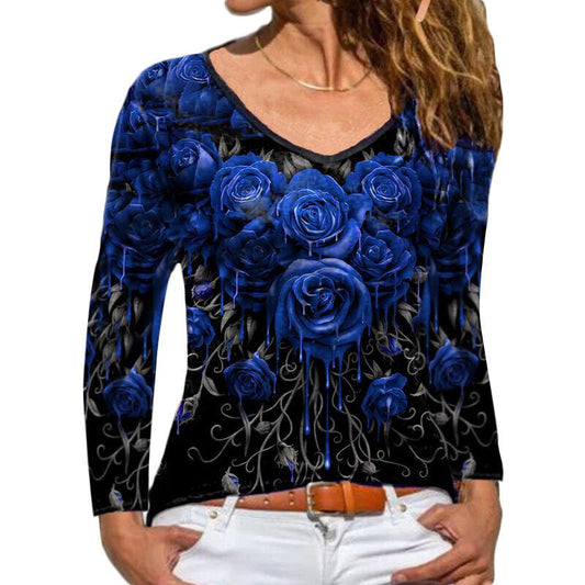 Fashion Women's Long - sleeved Rose Print T-shirt - PratSN
