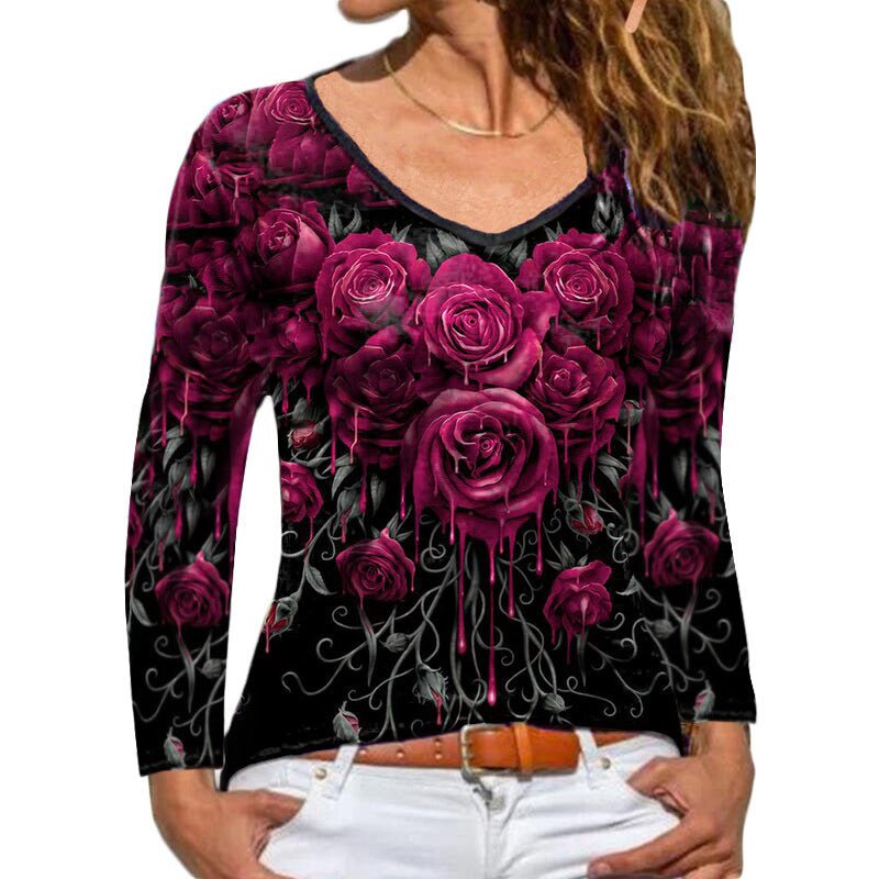 Fashion Women's Long - sleeved Rose Print T-shirt - PratSN