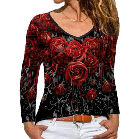 Fashion Women's Long - sleeved Rose Print T-shirt - PratSN