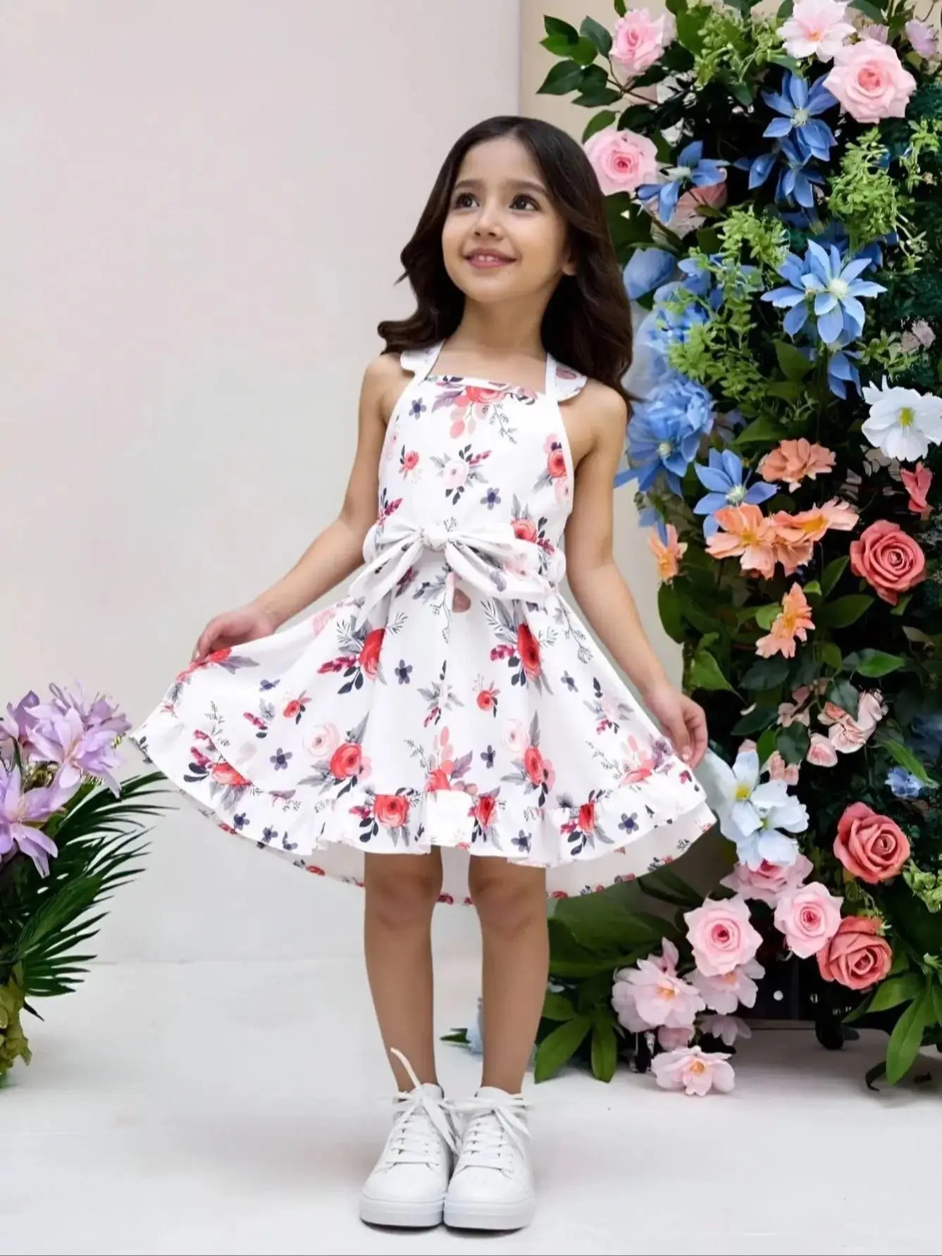 Fashionable casual floral dress with pleated decoration for girls (including a belt) suitable for outdoor vacations in summer. - PratSN
