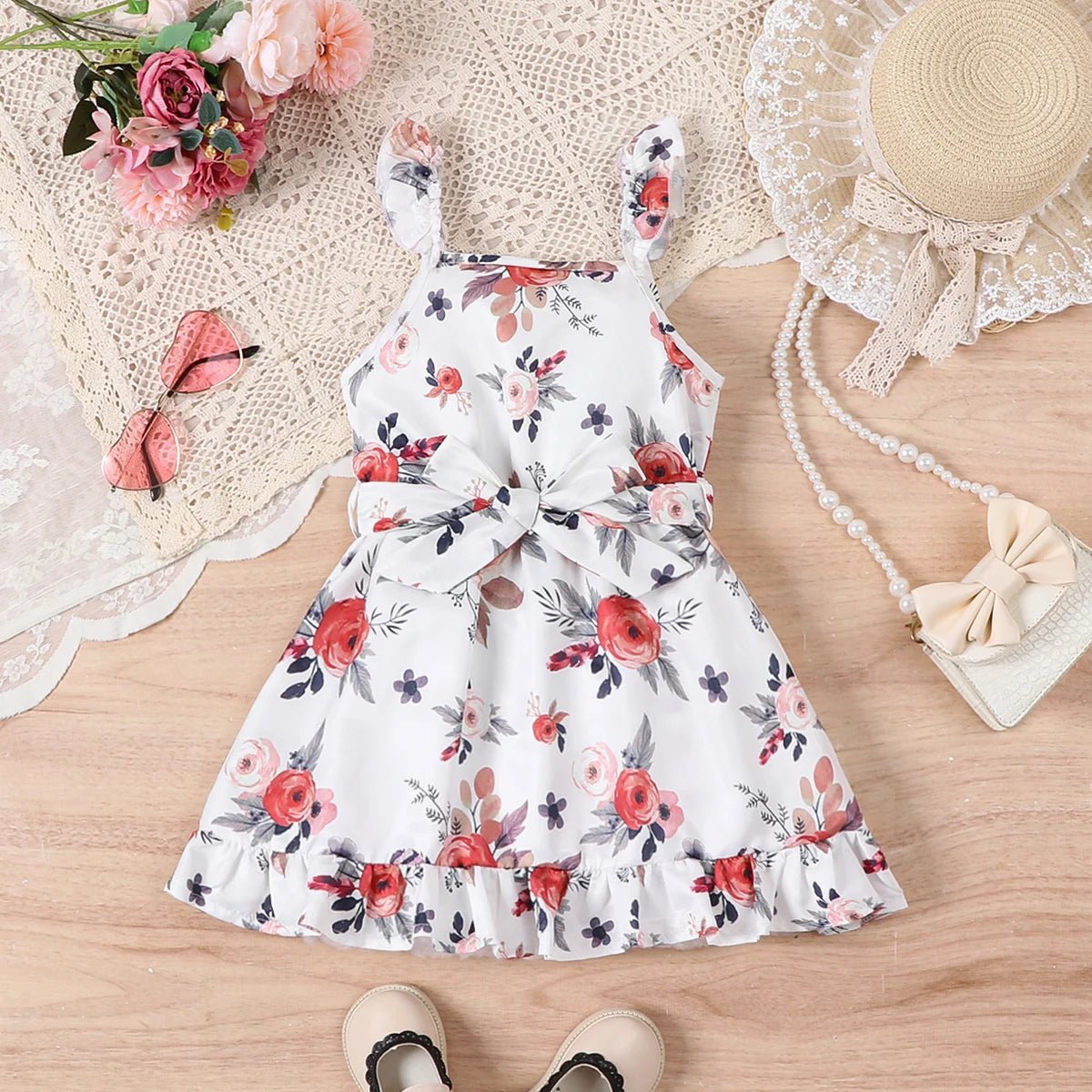 Fashionable casual floral dress with pleated decoration for girls (including a belt) suitable for outdoor vacations in summer. - PratSN