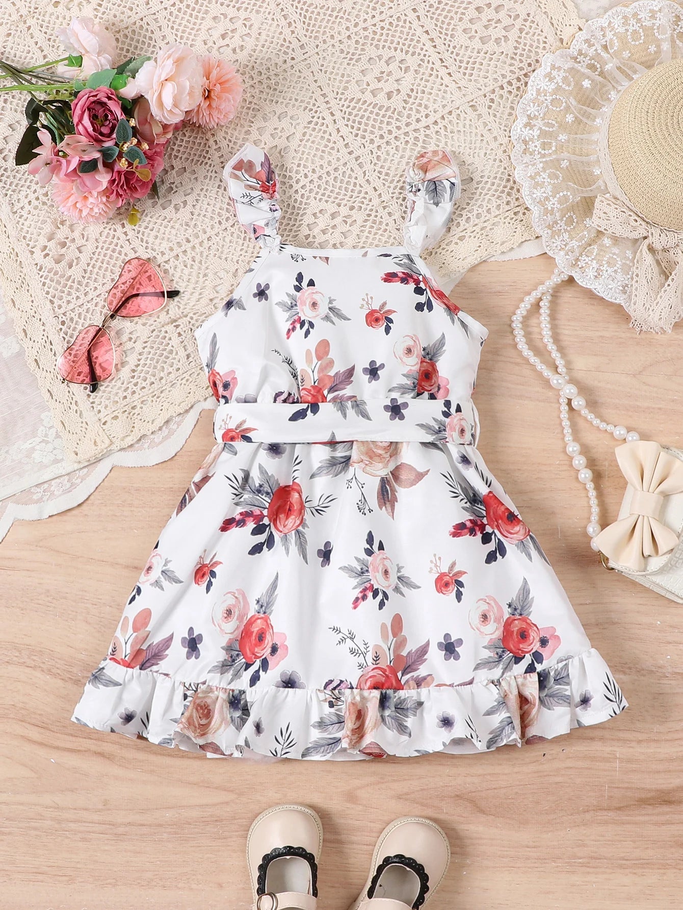 Fashionable casual floral dress with pleated decoration for girls (including a belt) suitable for outdoor vacations in summer. - PratSN