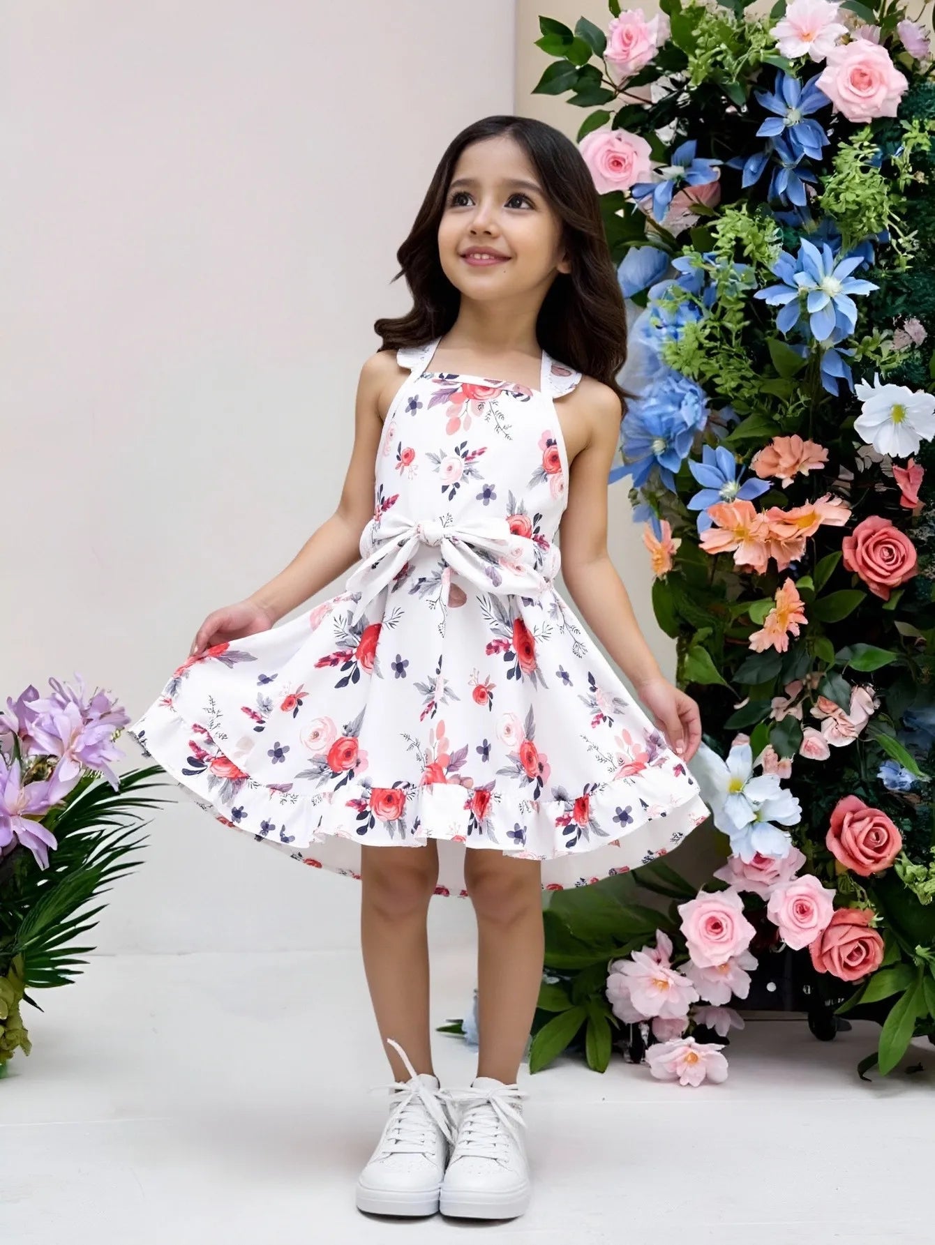 Fashionable casual floral dress with pleated decoration for girls (including a belt) suitable for outdoor vacations in summer. - PratSN
