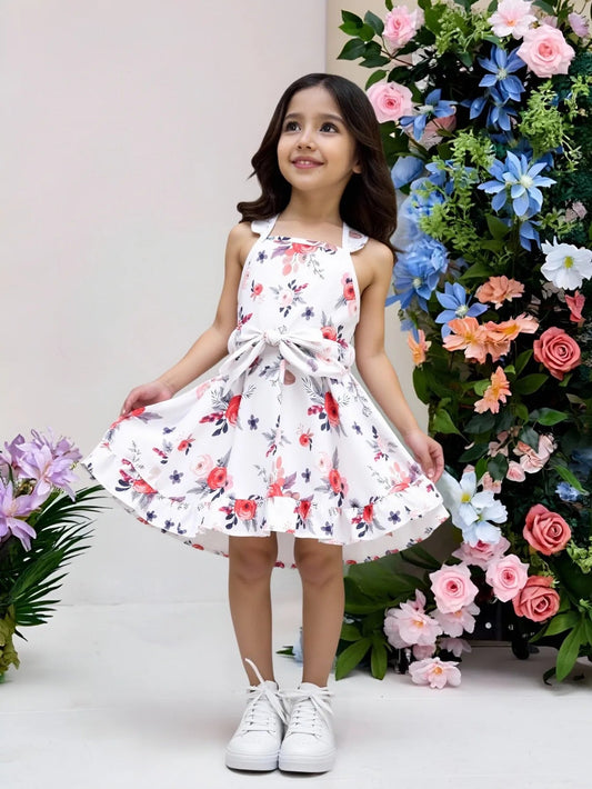 Fashionable casual floral dress with pleated decoration for girls (including a belt) suitable for outdoor vacations in summer. - PratSN