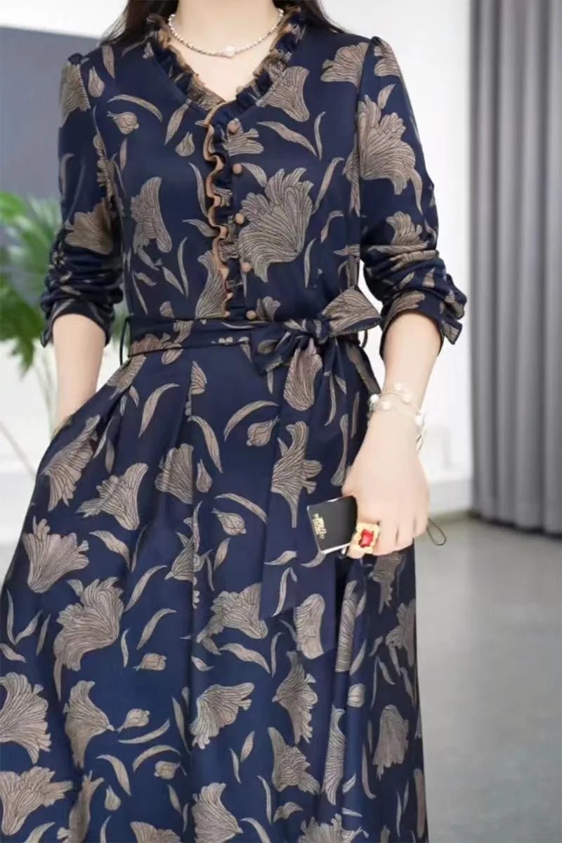 Fashionable Floral Print Belted Midi Dress Women's Autumn New Slimming Concealing Long Skirt V - Neck Long Sleeve Polyester Dress - PratSN