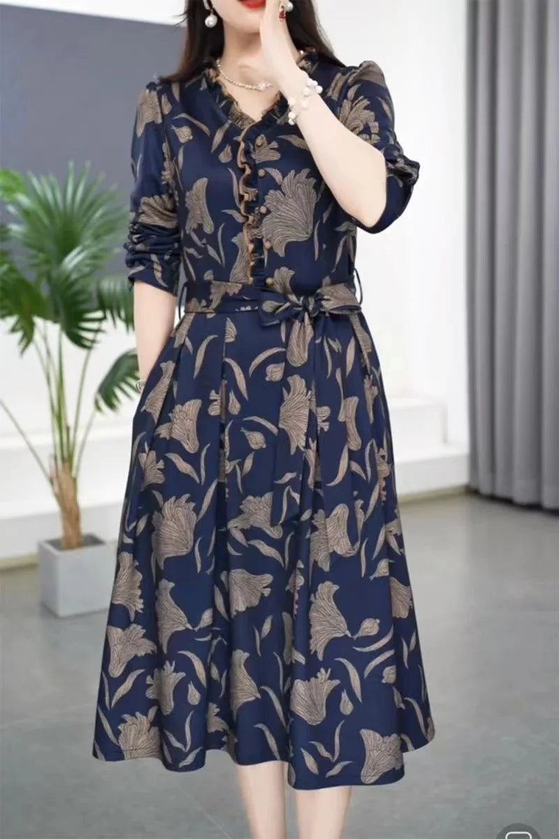 Fashionable Floral Print Belted Midi Dress Women's Autumn New Slimming Concealing Long Skirt V - Neck Long Sleeve Polyester Dress - PratSN