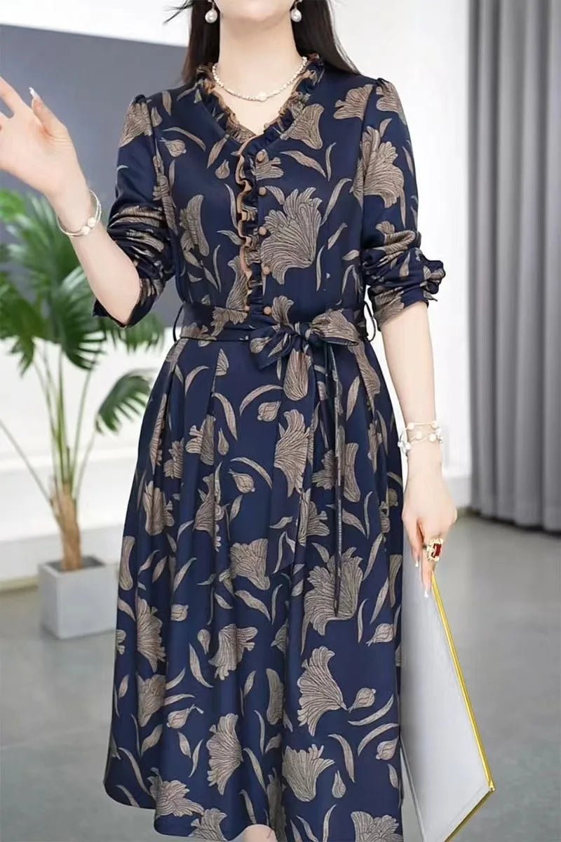 Fashionable Floral Print Belted Midi Dress Women's Autumn New Slimming Concealing Long Skirt V - Neck Long Sleeve Polyester Dress - PratSN