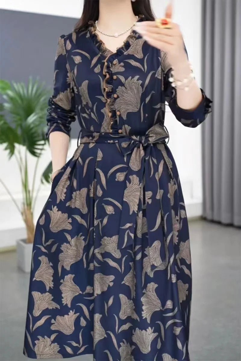 Fashionable Floral Print Belted Midi Dress Women's Autumn New Slimming Concealing Long Skirt V - Neck Long Sleeve Polyester Dress - PratSN